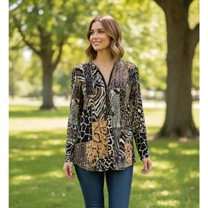 Animal Print Patchwork Top, Women’s M, Black Tan